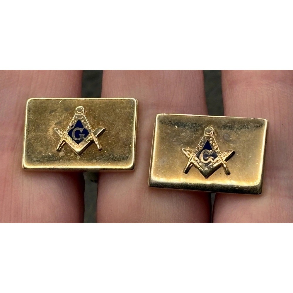 Vintage Flex-Let Masonic Free Mason Symbol Blue Enamel Cufflinks Gold Tone